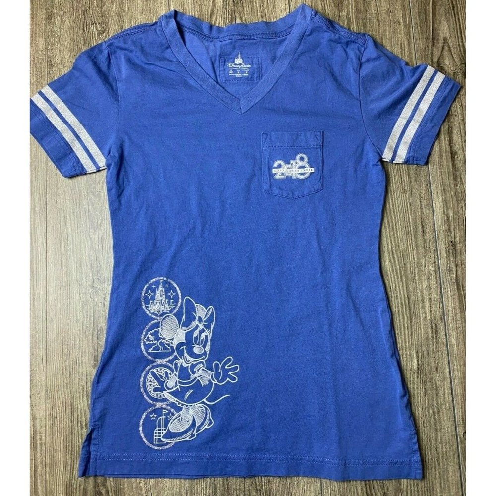 Authentic Original Disney Parks 2018 Minnie Mouse T Shirt Blue Silver Women's XS
